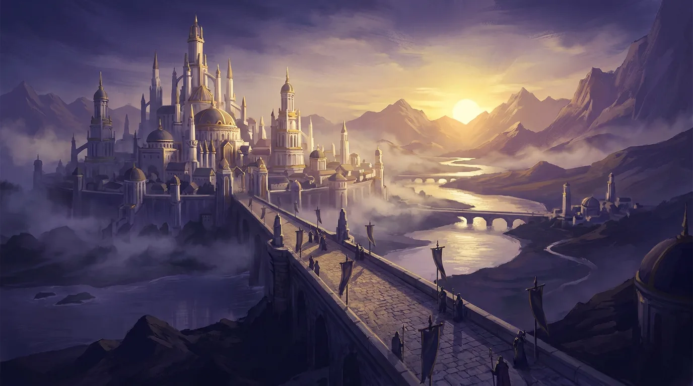 A white-and-gold capital city of domes and spires rising above a misty river valley at sunrise, a banner-lined stone bridge leading to its gates